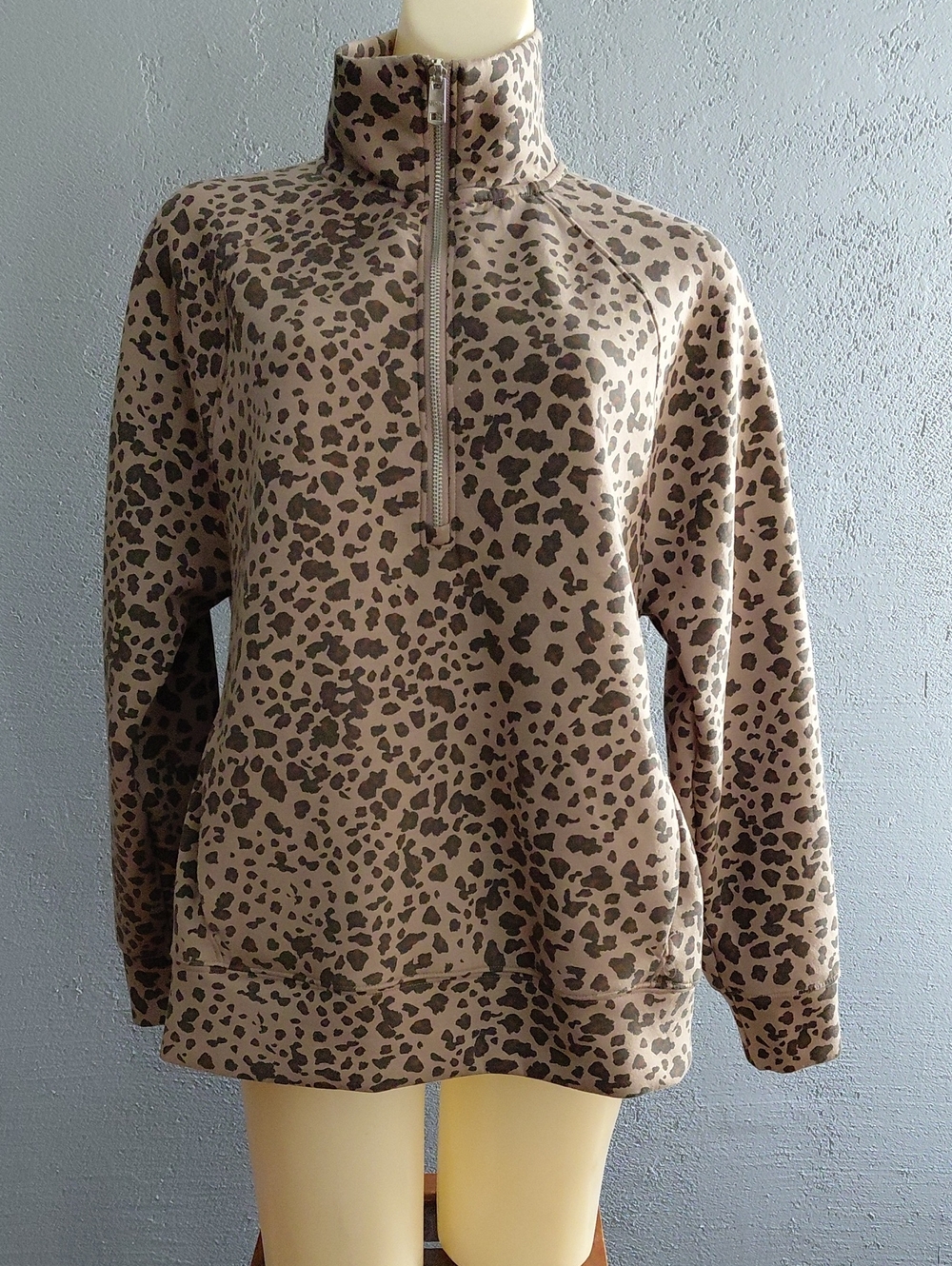 Leopard Print Taupe Half-Zip Pullover Sweatshirt